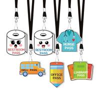 PRESSINART 6 Pcs 6 Styles School Nurse Office Pass Wooden Bathroom Passes Cartoon Pattern Classroom Restroom Library Hall Wooden Slips with Lanyards Students Teacher Staff Organization Supplies Gifts