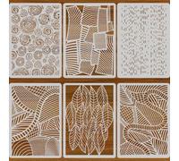PRESSINART 6Pcs 6 Styles Mixed Media Stencils Abstract Texture Stencils 12 x 8.3 Inch Leaves Lines Textures Pattern Rectangle PET Plastic Hollow Out Drawing Templates for Wood Wall Glass DIY Crafts
