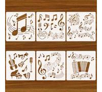 PRESSINART 6Pcs 6 Styles Music Stencils for Crafts Reusable 11.8" x 11.8" | Musical Note Stencils Piano Guitar Harp Square PET Plastic Drawing Templates for Crafts Wood Burning Wall Home Decoration