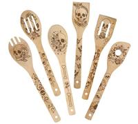 PRESSINART 6Pcs 6 Styles Skull Cooking Utensils Bamboo Kitchen Spoons 2.4 x 11.8 Inch Durable Wooden Spoon Set for Men Women Friends Halloween Housewarming Birthday Gift Wedding Apartment Essentials