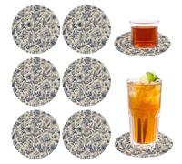 PRESSINART 6Pcs Blue Floral Cup Coasters for Drinks Absorbent 4.3 Inch, Cotton Woven Coasters Blue Floral Round Drink Cup Fabric Mat with Holder for Spring Wedding Party Home Desk Office Decoration