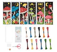 PRESSINART 6Pcs Mushroom Cross Stitch Bookmark Kits for Beginners 8 x 23 cm, Embroidery Book Mark Mushroom Butterfly Sun Moon Patterns DIY Stamped Bookmark Sets with Tools Instructions for Adults