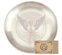 PRESSINART Altar Candle Tray Holder 5.55 Inch Angel Pattern, Metal Altar Plate Ritual Burning Incense Offering Bowl Round Sliver Stainless Steel Candle Tray with Card for Ceremony Table Centerpiece