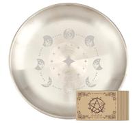 PRESSINART Altar Candle Tray Holder 5.55 Inch Moon Pattern, Metal Candle Plate Ritual Burning Incense Offering Bowl Round Stainless Steel Tealight Tray with Altar Card for Ceremony Table Centerpiece