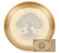 PRESSINART Altar Candle Tray Holder 5.55 Inch Tree Pattern, Gold Candle Plate Ritual Burning Incense Offering Bowl Round Stainless Steel Tealight Tray with Altar Card for Ceremony Table Centerpiece