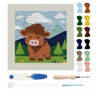 PRESSINART Animal Punch Needle Kit Punch Embroidery Kit Cute Cartoon Highland Cow Pattern Embroidery Art for Adults Beginner Stitching Starter Set Include Sewing Needle Tools Instruction Pattern Yarns