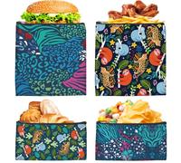 PRESSINART Animal Sandwich Bags Cloth 4Pcs 4 Styles 2 Sizes Washable Design, Reusable Snack Bags with Zipper Wildlife Leaf Print Food Safety Pouches for Lunch Travel Picnic Outdoor Daily Storage Use