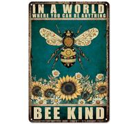 PRESSINART Bee Kind Metal Sign Bee Tin Signs In A World Where You Can Be Anything Sunflowers Rectangle Vintage Inspirational Poster for Home Bars Restaurants Cafes Pubs Wall Art Decoration 12 x 8 Inch