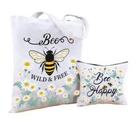 PRESSINART Bee Tote Bag 2Pcs 2 Sizes Canvas Polycotton Pattern Set, Floral Tote Bag Set Daisy Honeybee Reusable Portable Zipper Cosmetic Pouch Coin Case for Shopping Work Travel Grocery Birthday Gift