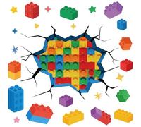 PRESSINART Building Block Wall Decals Broken Wall Sticker Colorful Bricks 3D Broken Design Peel and Stick Reusable Removable Self Adhesive Vinyl Art Decor Cling for Home Bedroom Living Room Playroom