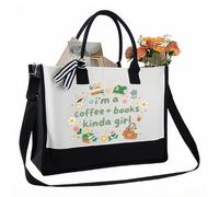 PRESSINART Canvas Reading Bags Coffee Themed Tote Bag with Handle and Zipper 13oz Reusable Large Books Floral Drink Pattern Shoulder Totes for Shopping Work Travel Grocery Bags Christmas Friends Gifts