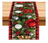 PRESSINART Christmas Table Runners Red Plaid Table Runner Poinsettias Leaves Xmas Tree Bells Pattern Polyester Long Scarves Seasonal Winter Holiday Decor for Home Kitchen Dining Party 13 x 72 Inch