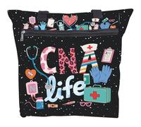 PRESSINART CNA Life Tote Bag CNA Totes for Work Medical Elements Pattern with Word Cute Waterproof Polyester Rectangle Nurse Handbag with Pockets and Zipper for Birthday Gifts 14.96 x 14.57 x 5 Inch