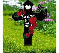 PRESSINART Cross Cemetery Decorations for Grave Son Mom Dad 8.7 x 5.9 x 0.04 Inch Memorial Flower Stakes Cross Rose Butterfly Forever in Our Hearts Stakes Metal Cemetery Marker for Garden Yard Decor