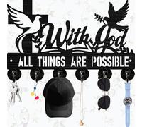 PRESSINART Cross Key Holder Black Key Rack 11.8 x 7.5 Inch Pigeon With God All Things Are Possible Wood Iron Organizer Rack Wall Mount with 6Pcs Hooks for Front Door Office Living Room Bags Hanging