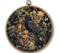 PRESSINART Crow Raven Art 10 x 10 Inch Round Framed Bird Wall Art Gothic Flower Raven Wall Framed Decor Linen Wall Hanging Canvas Artwork for Gallery Bedroom Bathroom Living Room Farmhouse Home Office