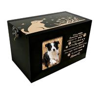 PRESSINART Dog Pet Urn Wooden Pet Memorial Box Dog Flower Butterfly Words Pattern Rectangle Storage Containers Cremation Box with Photo Frame for Animal Memorial Remembrance Gift 6.3 x 4.3 x 4.3 Inch