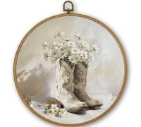 PRESSINART Framed Cowboy Boots Wall Art 10 x 10 Inch Round Flower Wall Art Vintage Floral Boot Prints Linen Hanging Canvas Artwork for Gallery Bedroom Bathroom Living Room Farmhouse Office Kitchen