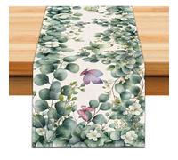 PRESSINART Green Eucalyptus Table Runner 183 x 32 cm, Leaf Table Runner Butterfly Flower Plants Pattern Summer Spirng Seasonal Kitchen Dining Scarf for Home Living Room Holiday Farmhouse Decoration