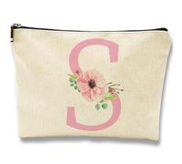 PRESSINART Letter S Makeup Bag Monogram Canvas Pouch Flower Cosmetic Case with Metal Zipper 10 x 7 Inch Small Toiletry Travel Birthday Accessories Organizer Purse Gifts for Friends Graduation Wedding