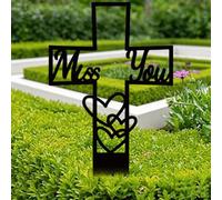 PRESSINART Miss You Grave Decorations for Cemetery 8.58 x 5.39 x 0.04 Inch | Cross Grave Stake Waterproof Remembrance Black Metal Memorial Cross Plaque for Yard Garden Outdoor Memorial Decorations Gifts
