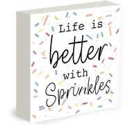 PRESSINART Motivational Block Sign Wooden Box Plaques Life is Better With Sprinkles Sign 5 x 5 Inch Inspirational Square Pine Wood Decor for Bakery Nuresry Dollhouse Bedroom Office Party Decorations
