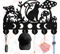 PRESSINART Mushroom Key Holder Black Key Holder Wall Mount 11.8 x 7.5 Inch Cat Mushroom Moon Phases Pattern Wood Iron Hanger Organizer Rack with 6Pcs Hooks for Front Door Living Room Gift Bag Hanging