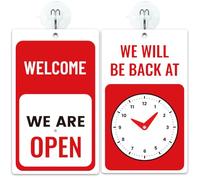 PRESSINART Open Closed Sign Red 7.87 x 4.72 Inch Be Back Clock Sign with Suction Cup Hooks Double Sides PVC Return Time Clock Hanging Plate for Business Retail Store Restaurants Office Door Window