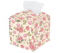 PRESSINART Pink Floral Tissue Box Cover Square Leather Flower Tissue Box Holder Rose Leaves Waterproof Facial Paper Organizer Dispenser for Bathroom Bedroom Kitchen Vanity Home Car Desk Countertop