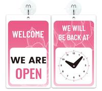 PRESSINART Pink Open Closed Sign for Business 7.87 x 4.72 Inch Be Back Clock Sign with Suction Cup Hooks Double Sides Lotus PVC Return Time Clock Hanging Plate for Business Retail Store Restaurants