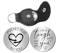PRESSINART Pocket Hug Token Keychain Long Distance Relationship Keepsakes 1.2 Inch Life Is Tough But So Are You Keychain Gift Stainless Steel Double Sided Coin with PU Leather Clip for Friends Gifts