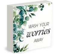 PRESSINART Positive Block Signs Wash Your Worries Away Bathroom Sign 5 x 5 Inch Inspirational Square Pine Wood Decor for Nuresry Bedroom Restroom Bathroom Toilet Half Bath Shelf Counter Decorations