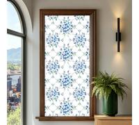 PRESSINART Rainbow Window Privacy Film blue flowers 17.5 x 39.4 Inch Removable Vinyl Static Cling Stain Glass Window Cling Floral UV Heat Blocking Film for Glass Doors Living Room Bathroom Home Decor