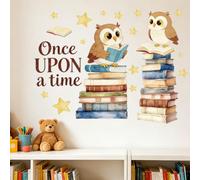 PRESSINART Reading Corner Wall Sticker 23.62 x 14.96 Inch, Open Book Wall Decal Removable Peel and Stick Once Upon a Time Owl Window Sticker for Library Bedroom Offices Home Decoration