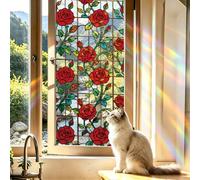 PRESSINART Red Rose Window Film 16.9 x 39.4 Inch, Stain Glass Static Cling Flowers Decorative Removable Static UV Heat Blocking Rainbow Window Decals for Glass Doors Living Room Bedroom Home Decor