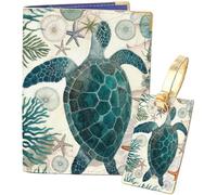 PRESSINART Sea Turtle Passport Holder Luggage Tag for Travel Essentials, Leather Passport Cover Ocean Theme Travel Durable Wallet Card Protector Stylish Accessories for Women Men 5.4 x 4.1 x 0.2 Inch