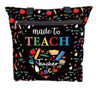 PRESSINART Teach Tote Bag Teacher Tote Bag with Pockets Black Stationery Pattern with Word Waterproof Polyester Rectangle Teacher Appreciation Gifts for Retirement Birthday 14.96 x 14.57 x 5 Inch