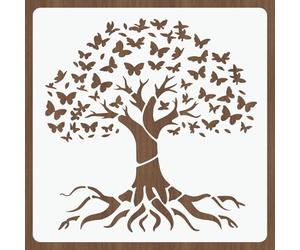 PRESSINART Tree of Life Template Large Tree Stencils 12 x 12 Inch Butterfly Pattern Reusable Plastic Hollow Out Drawing Pictures Stencil for Wood Wall Floor Glass Furniture DIY Art Crafts Home Decor