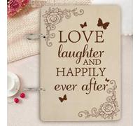 PRESSINART Wedding Card Keeper Binder Happily Ever After with Metal Buckles Binding 9.4 x 6.5 Inch Wood Book, Wooden Greeting Card Holder Storage Keepsake Album for Photos Holiday Memory Gift Display