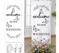 PRESSINART Welcome To Our Wedding Sign Fabric 60 x 24 Inch Plain Banner with Leaf Butterfly Design, Wedding Banner Backdrop for Reception Ceremony Entrance Engagement Party Photo Booth Decoration