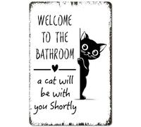 PRESSINART Welcome to The Bathroom Cat Sign Cat Tin Sign Funny Rectangle Metal Tin Wall Art Retro Plaque with Pre-Drilled Holes for Home Washroom Restroom Toilet Bathroom Wall Decoration 8 x 12 Inch