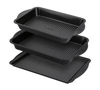 PRESTIGE Aerolift Baking Trays for Oven Non Stick Set of 3 - Dishwasher Safe Oven Trays Set with Extra Large Handles, Durable Carbon Steel Roasting Tins with 5 Year Guarantee, Black, 3 Piece Set