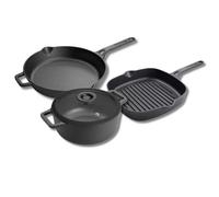 Prestige Cast Iron Cookware Set - 3 Piece, 22cm Frying Pan, 25cm Grill Pan, 24cm Casserole Dish, Pre-Seasoned, Non-Toxic, Induction & Oven Safe, Easy Clean