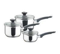 Prestige Stainless Steel Saucepan Set 14, 16 & 18cm - Induction Suitable Saucepan Set with Glass Straining Lids and Pouring Lips, Dishwasher Safe, Oven Safe, Durable Cookware