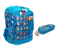 PRESTIGE & DELUXE School Backpack Stumble Guys Blue Round 3 Compartments with Badge - Pool Over + Oval Pencil Case + 7 Erasable Pens and Stumble Guys Key Ring, multi-coloured, standard, classic