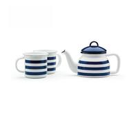 Prestige Vintage Blue Enamel Coated Steel Dishwasher Safe Stripe Printed Teapot And Mug Set
