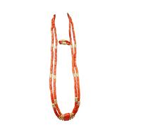 PrestigeApplause Orange 2-Layers Faux-Coral Extra Long African Nigerian Beaded Men Groom Necklace and Bracelet Set Traditional Wedding Jewellery Set for Party Celebrant