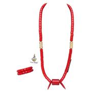 PrestigeApplause Traditional Red African Edo Igbo Delta Coral Beaded Necklace and Bracelet Set, Elephant-Tusk-Design, Nigerian Wedding Jewellery Men Groom Party (Neck & 2 Bracelets-Design B)
