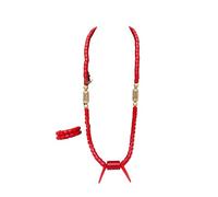 PrestigeApplause Traditional Red African Edo Igbo Delta Coral Beaded Necklace and Bracelet Set, Elephant-Tusk-Design, Nigerian Wedding Jewellery Men Groom Party (Neck & 2 Bracelets-Design C)