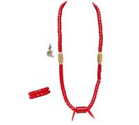 PrestigeApplause Traditional Red African Edo Igbo Delta Coral Beaded Necklace and Bracelet Set, Elephant-Tusk-Design, Nigerian Wedding Jewellery Men Groom Party (Neck & 2 Bracelets-Design D)